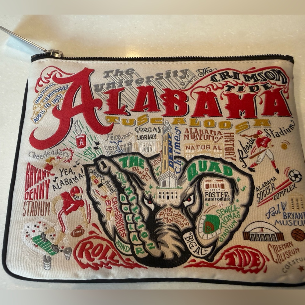 CatStudio Cream and Red Embroidered University of Alabama roll Tide Pouch